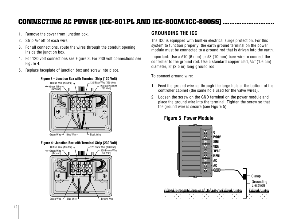 Connecting ac power (icc-801pl & icc 800m/800ss), Grounding the icc, Figure 5 power module | Hunter Fan ICC-801PL User Manual | Page 14 / 40