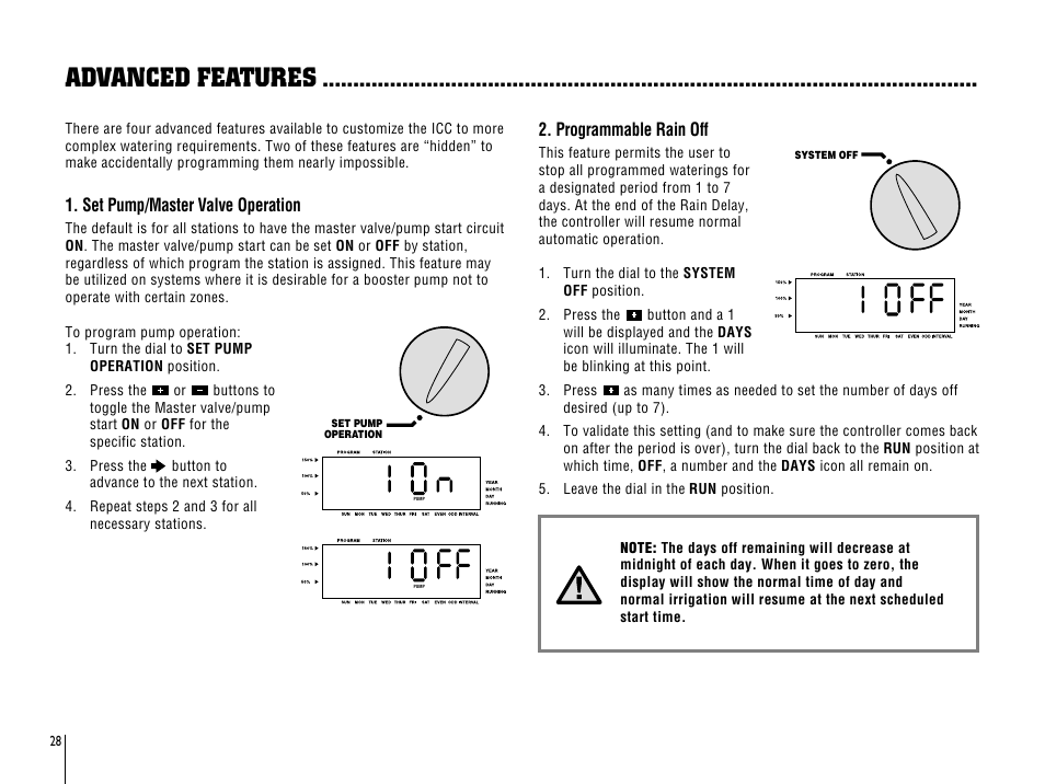 Advanced features, Set pump/master valve operation, Programmable rain off | Hunter Fan ICC-801PL User Manual | Page 32 / 40