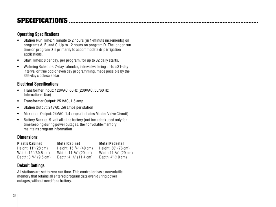 Specifications, Operating specifications, Electrical specifications | Dimensions, Default settings | Hunter Fan ICC-801PL User Manual | Page 38 / 40