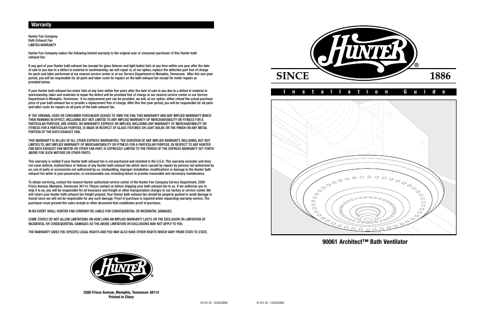 Hunter Fan ARCHITECT 90061 User Manual | 10 pages