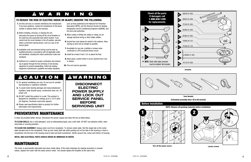Preventative maintenance, Maintenance, Ab c | Before installation | Hunter Fan ARCHITECT 90061 User Manual | Page 2 / 10