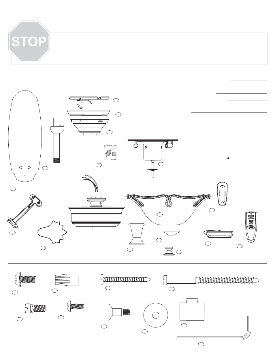 3 634 la strada 96519 spx.pdf, Guía de piezas, Materiales | Piezas del ventilador | Hunter Fan 28480 User Manual | Page 3 / 4