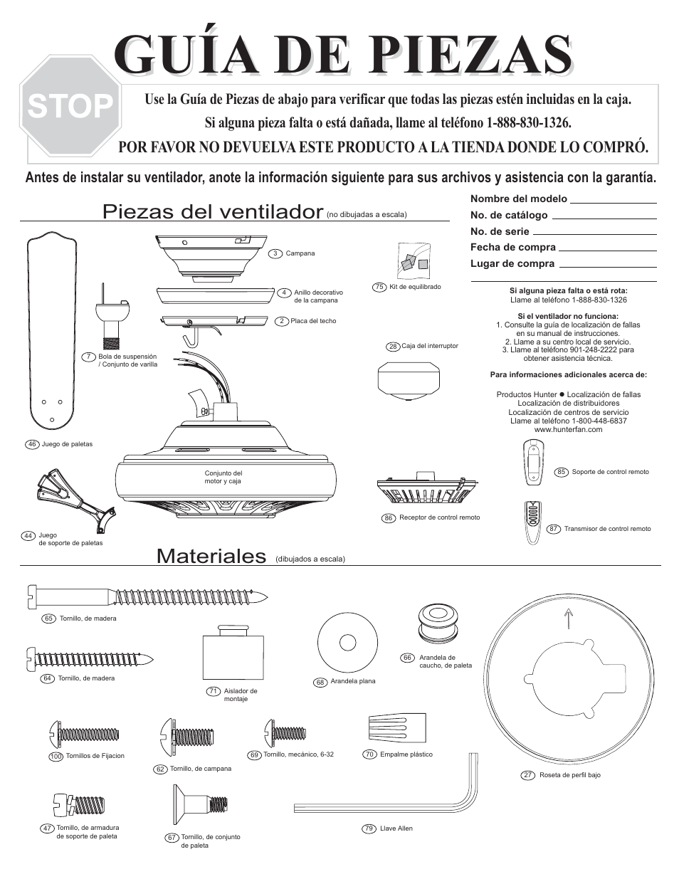 Guía de piezas, Materiales, Piezas del ventilador | Hunter Fan 23685 User Manual | Page 3 / 4