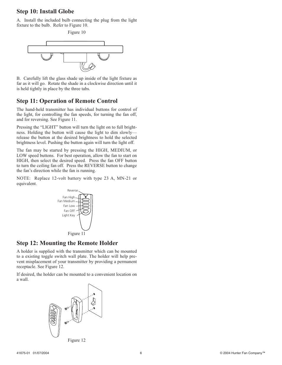 Step 10: install globe, Step 11: operation of remote control, Step 12: mounting the remote holder | Hunter Fan 41675-01 User Manual | Page 6 / 8