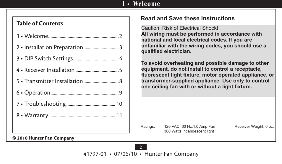 1 • welcome | Hunter Fan UNIVERSAL FAN AND LIGHT REMOTE CONTROL 27188 User Manual | Page 2 / 11