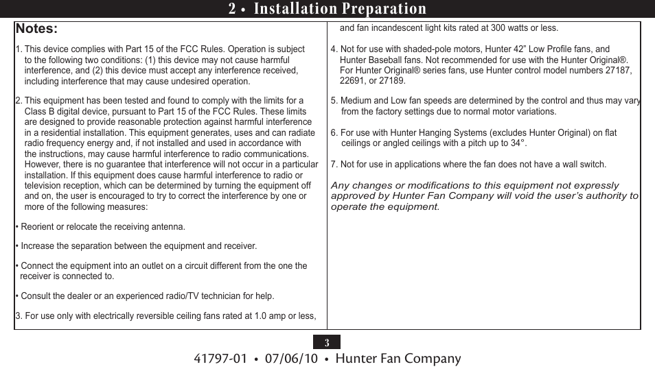 2 • installation preparation | Hunter Fan UNIVERSAL FAN AND LIGHT REMOTE CONTROL 27188 User Manual | Page 3 / 11