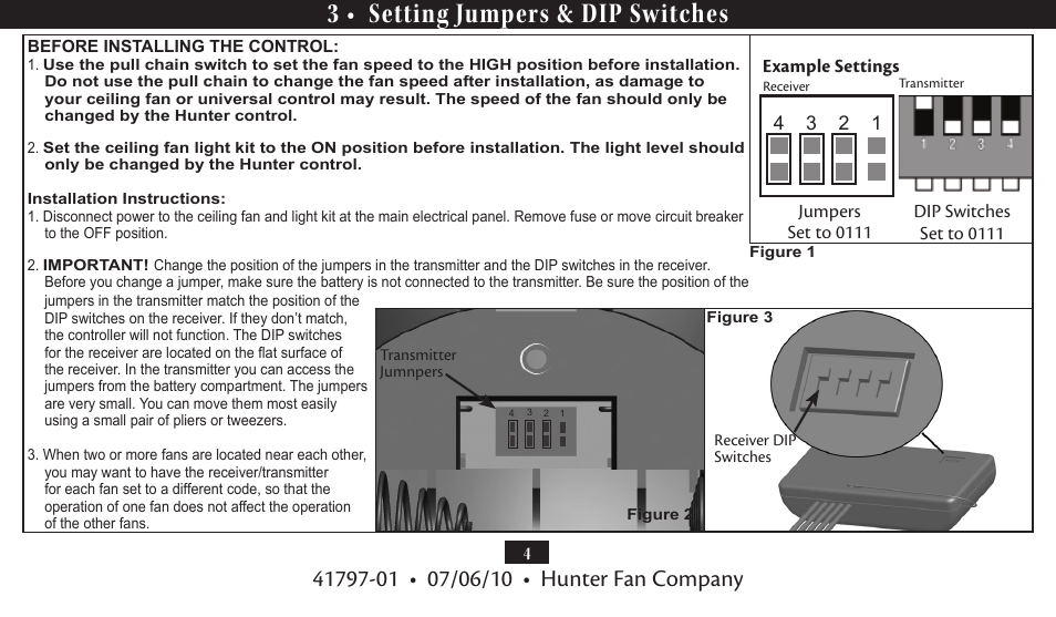 3 • setting jumpers & dip switches | Hunter Fan UNIVERSAL FAN AND LIGHT REMOTE CONTROL 27188 User Manual | Page 4 / 11