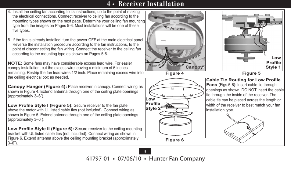 4 • receiver installation | Hunter Fan UNIVERSAL FAN AND LIGHT REMOTE CONTROL 27188 User Manual | Page 5 / 11