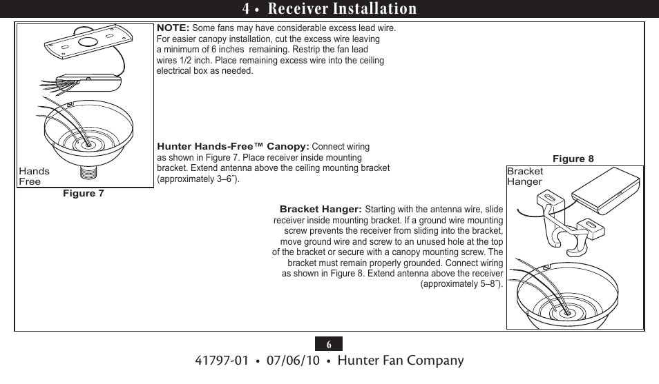 4 • receiver installation | Hunter Fan UNIVERSAL FAN AND LIGHT REMOTE CONTROL 27188 User Manual | Page 6 / 11