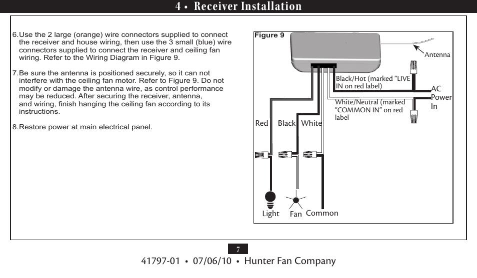 4 • receiver installation | Hunter Fan UNIVERSAL FAN AND LIGHT REMOTE CONTROL 27188 User Manual | Page 7 / 11
