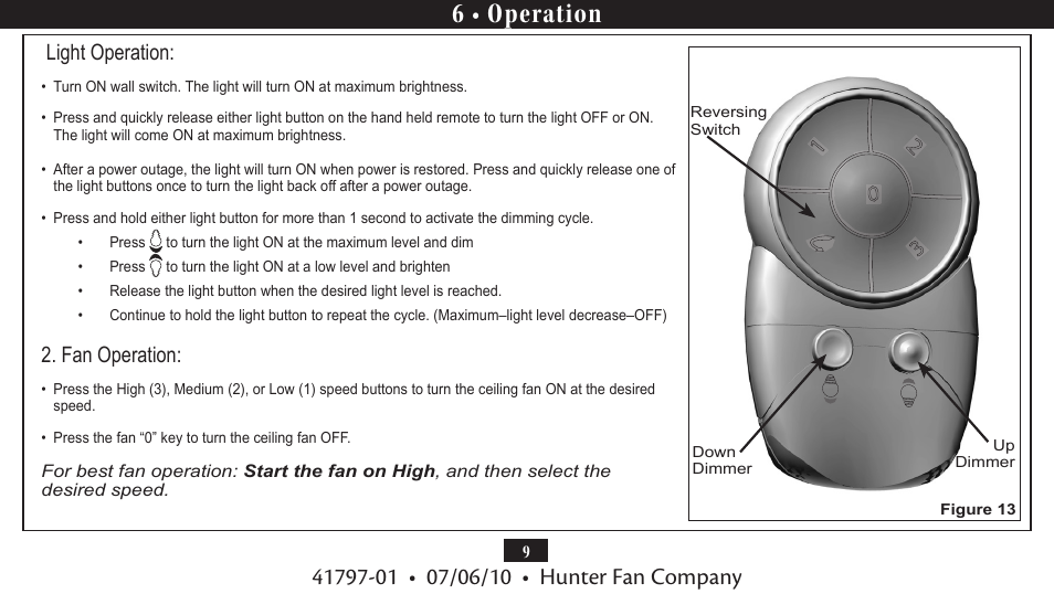 6 • operation, Light operation, Fan operation | Hunter Fan UNIVERSAL FAN AND LIGHT REMOTE CONTROL 27188 User Manual | Page 9 / 11