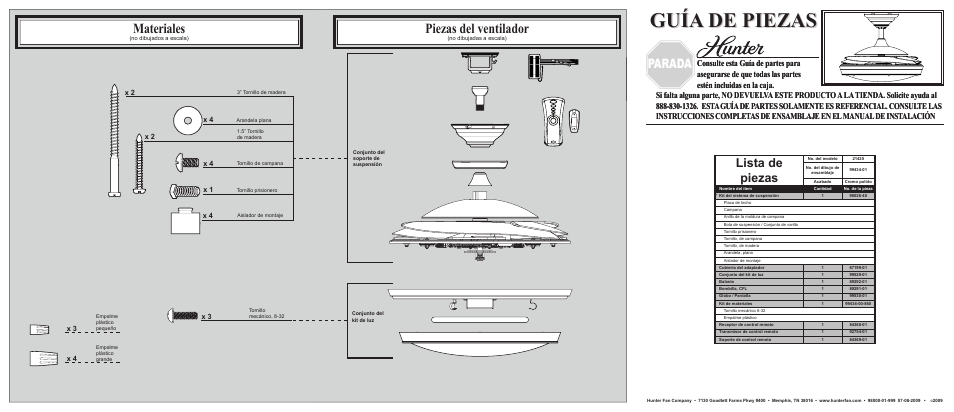 Guía de piezas, Materiales, Piezas del ventilador | Parada, Lista de piezas | Hunter Fan 21425 User Manual | Page 2 / 2