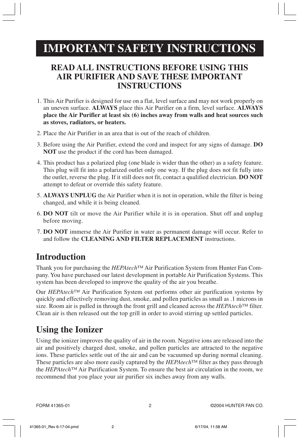 Important safety instructions, Introduction, Using the ionizer | Hunter Fan 30374 User Manual | Page 2 / 8