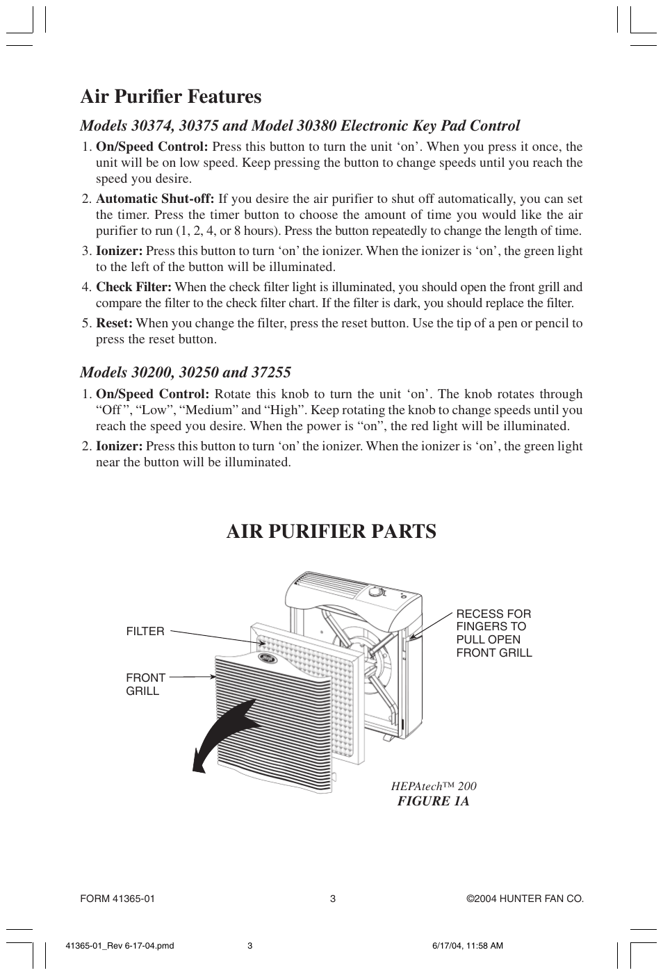 Air purifier features, Air purifier parts | Hunter Fan 30374 User Manual | Page 3 / 8