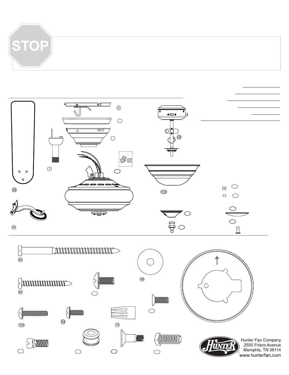 Guía de piezas, Piezas del ventilador, Herrajes | Hunter Fan 20551 User Manual | Page 3 / 4