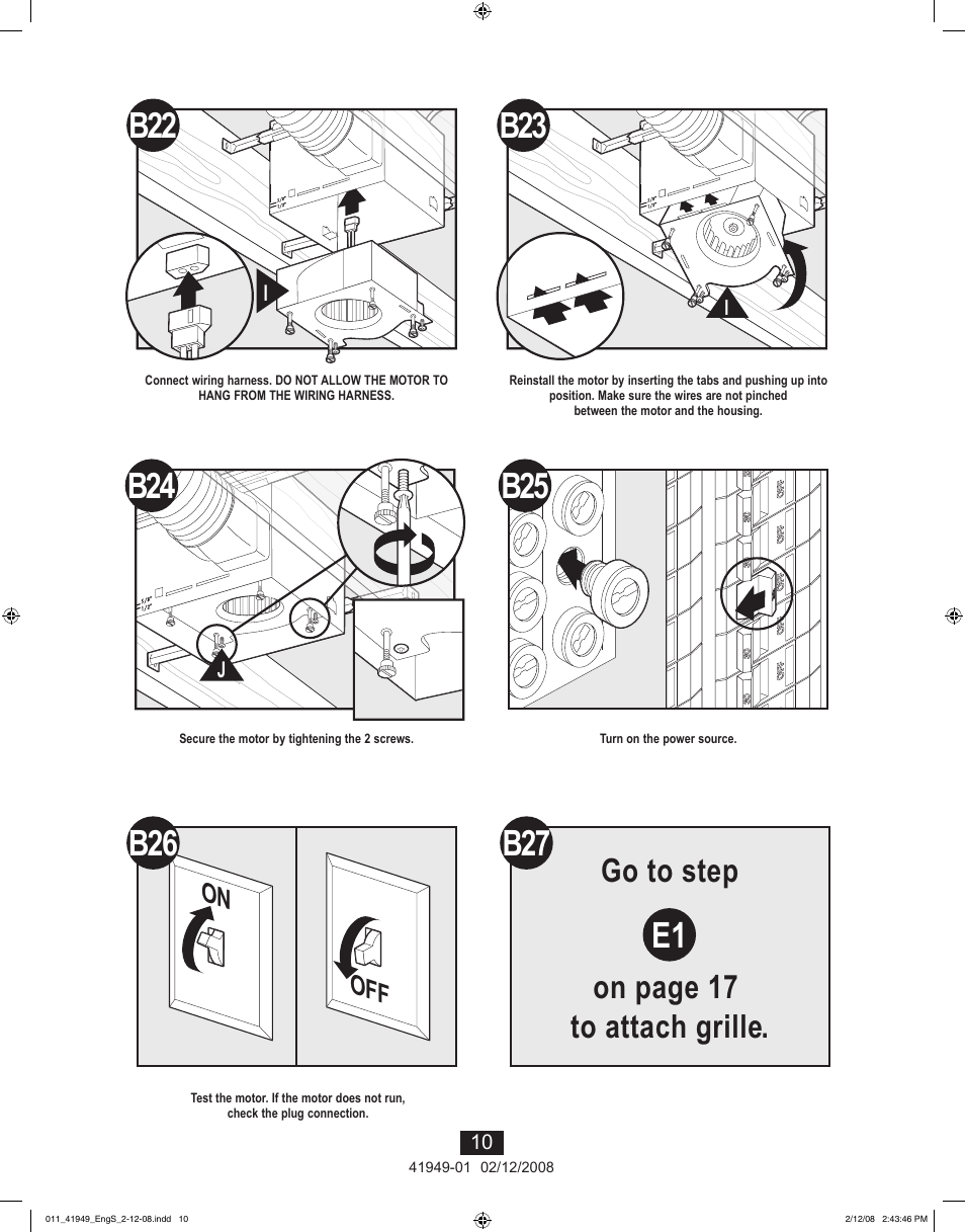 B27 e1, B26 b24, Go to step on page 17 to attach grille | On off | Hunter Fan 41949-01 User Manual | Page 10 / 40