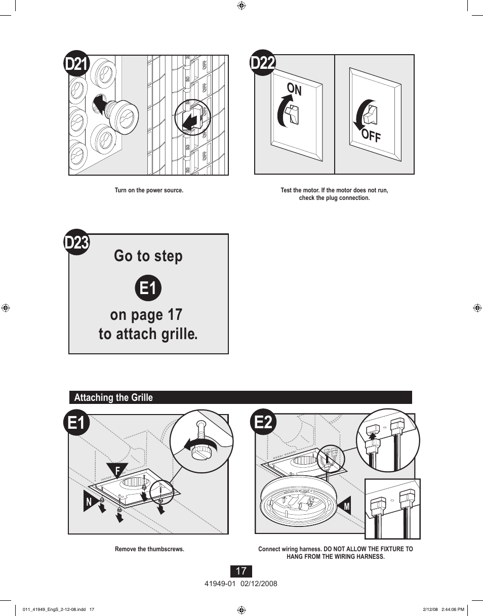 Go to step on page 17 to attach grille | Hunter Fan 41949-01 User Manual | Page 17 / 40