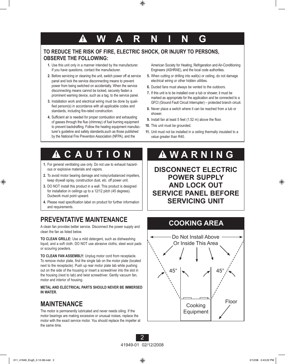 Preventative maintenance, Maintenance, Cooking area | Hunter Fan 41949-01 User Manual | Page 2 / 40