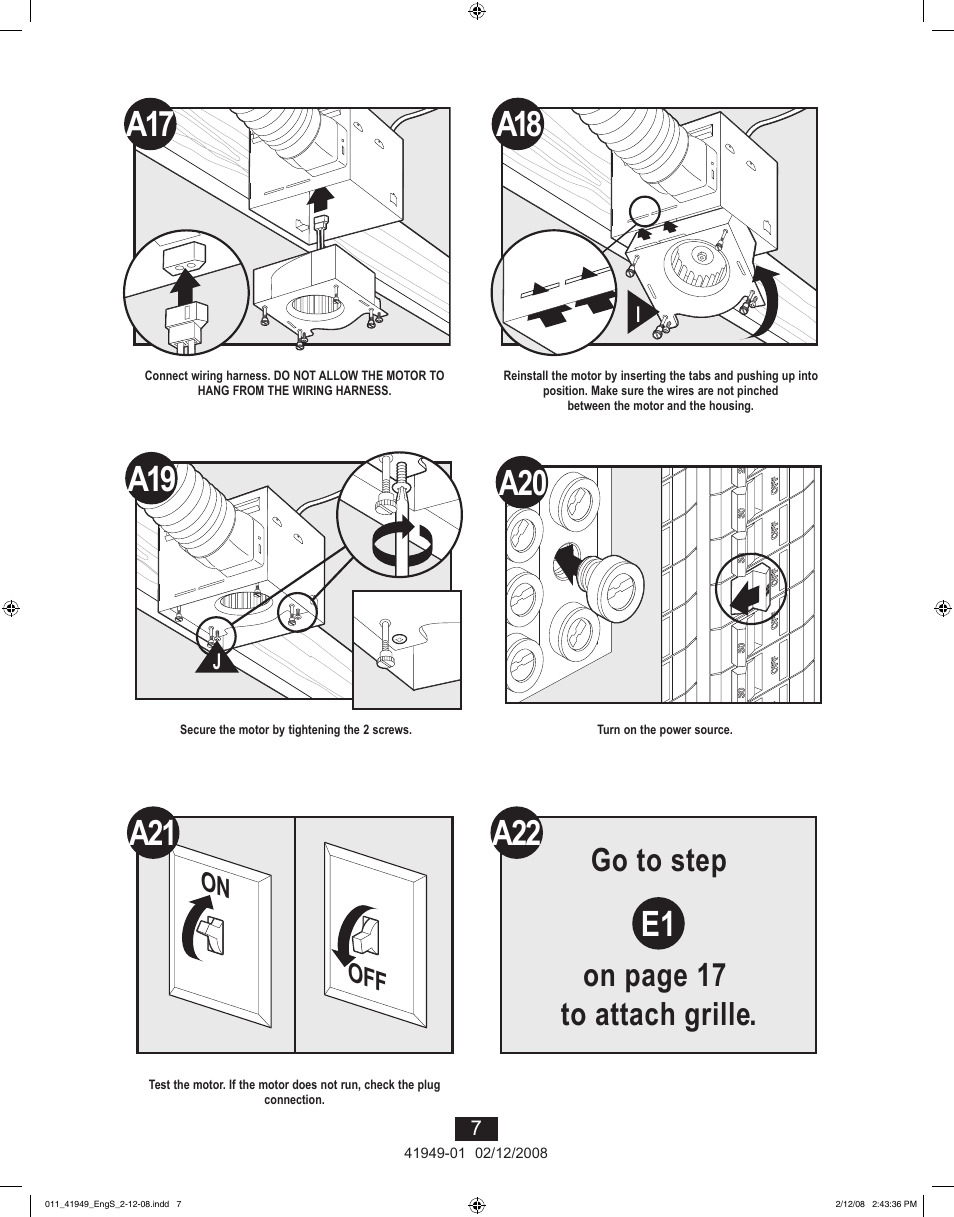 A22 e1, Go to step on page 17 to attach grille | Hunter Fan 41949-01 User Manual | Page 7 / 40