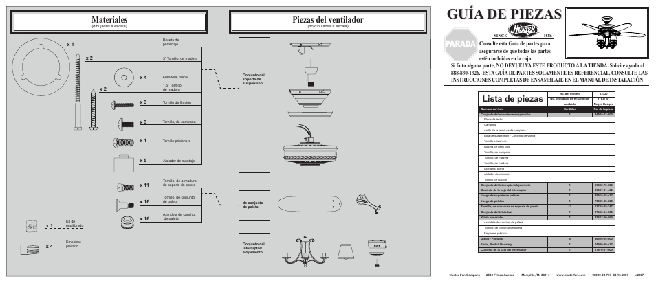 Guía de piezas, Materiales, Piezas del ventilador | Parada, Lista de piezas | Hunter Fan 22720 User Manual | Page 2 / 2