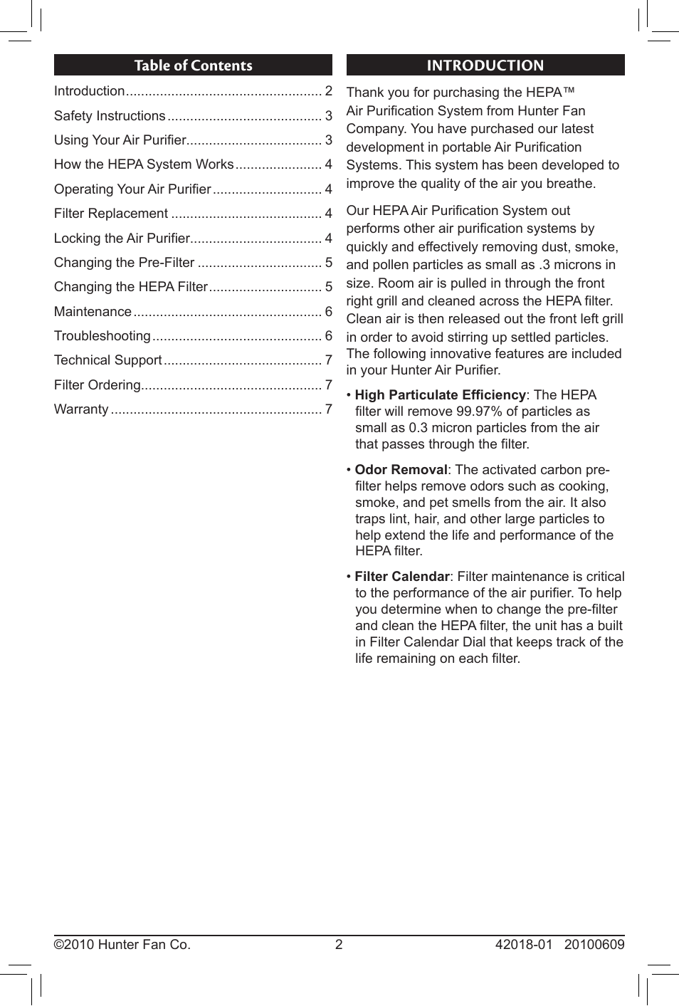 Table of contents introduction | Hunter Fan 30245 User Manual | Page 2 / 8