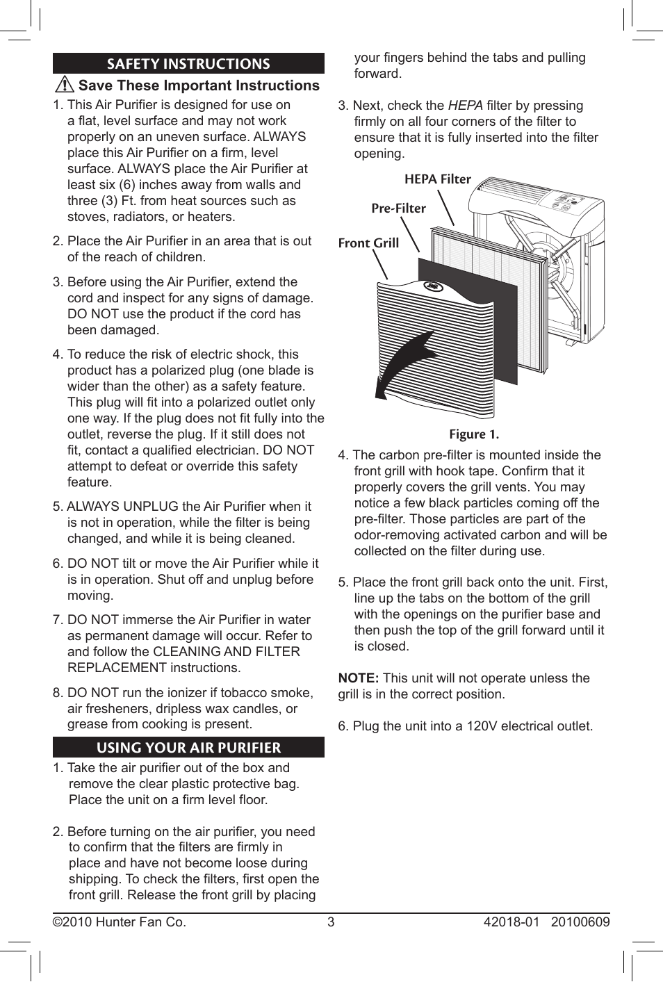 Safety instructions using your air purifier | Hunter Fan 30245 User Manual | Page 3 / 8