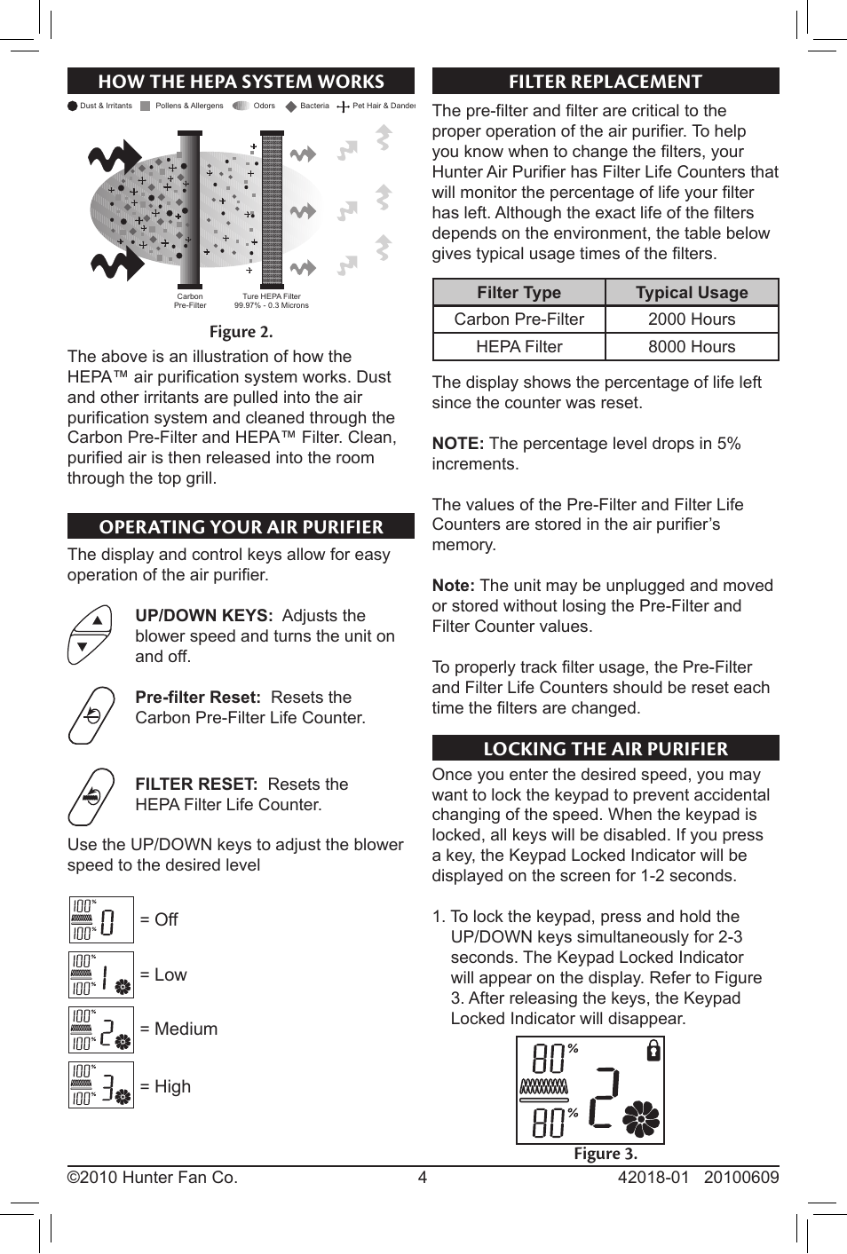 How the hepa system works, Operating your air purifier, Filter replacement | Locking the air purifier | Hunter Fan 30245 User Manual | Page 4 / 8