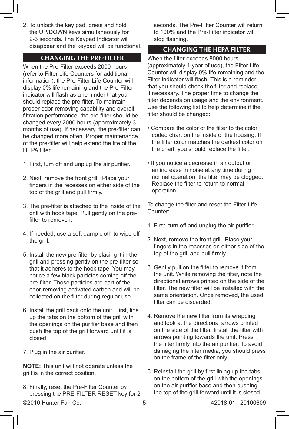 Changing the pre-filter changing the hepa filter, Changing the hepa filter, Changing the pre-filter | Hunter Fan 30245 User Manual | Page 5 / 8