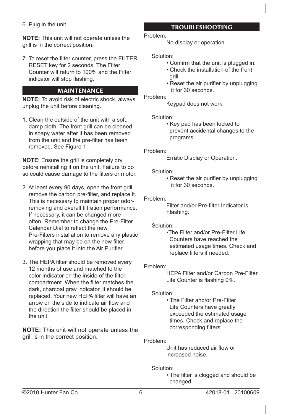 Maintenance troubleshooting, Troubleshooting, Maintenance | Hunter Fan 30245 User Manual | Page 6 / 8