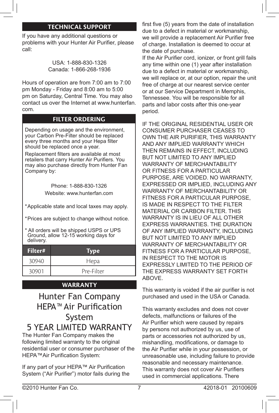 Technical support filter ordering warranty | Hunter Fan 30245 User Manual | Page 7 / 8