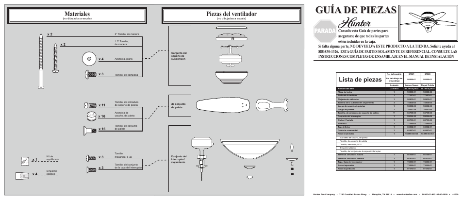 Guía de piezas, Materiales, Piezas del ventilador | Parada, Lista de piezas, X 1 x 4 | Hunter Fan 21328 User Manual | Page 2 / 2