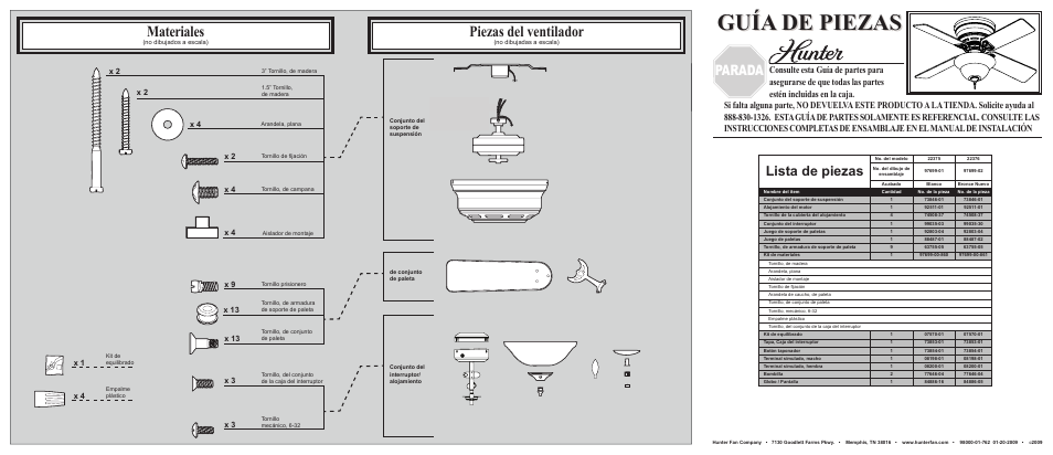 Guía de piezas, Materiales, Piezas del ventilador | Parada, Lista de piezas, X 3 x 1 x 4 | Hunter Fan 22376 User Manual | Page 2 / 2