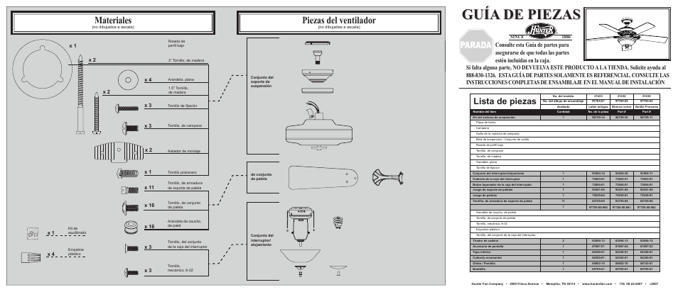 Guía de piezas, Materiales, Piezas del ventilador | Parada, Lista de piezas, X 16 | Hunter Fan 21434 User Manual | Page 2 / 2