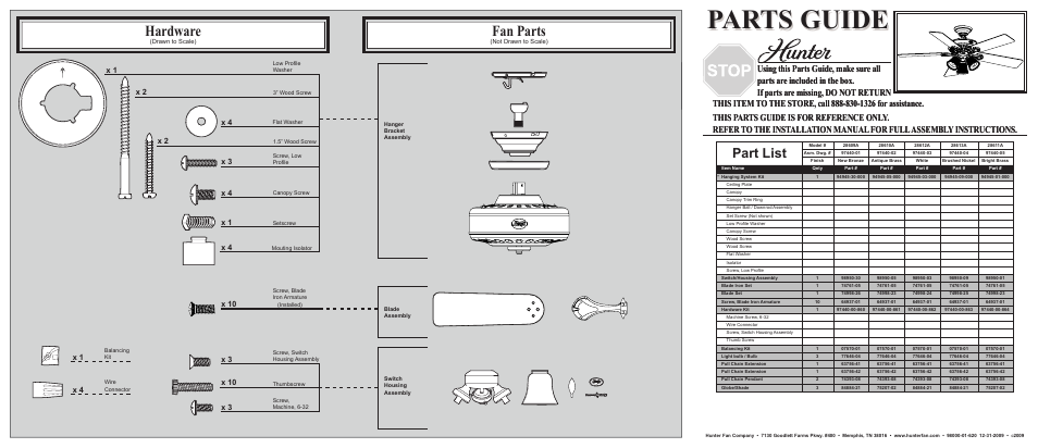 Hunter Fan Ceiling Fan Parts 28609A User Manual | 2 pages