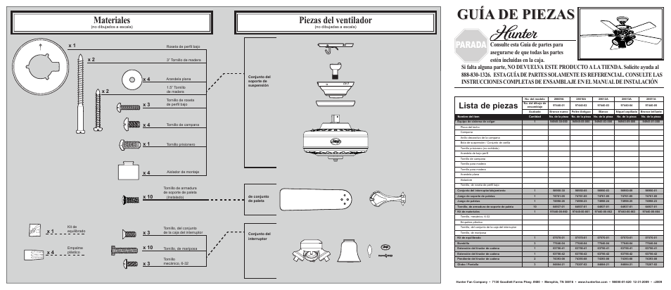 Guía de piezas, Piezas del ventilador, Materiales | Parada, Lista de piezas | Hunter Fan Ceiling Fan Parts 28609A User Manual | Page 2 / 2