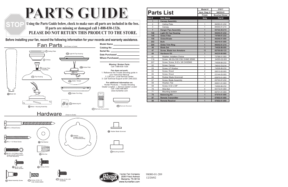 Parts guide, Parts list, Fan parts | Hardware, Please do not return this product to the store | Hunter Fan 21617 User Manual | Page 2 / 4