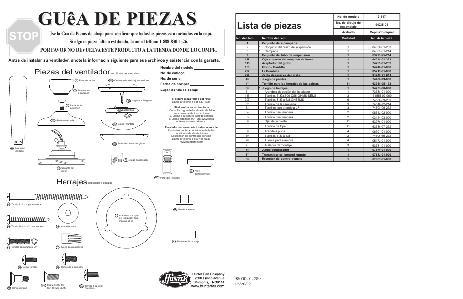 Guêa de piezas, Lista de piezas, Herrajes | Piezas del ventilador | Hunter Fan 21617 User Manual | Page 3 / 4