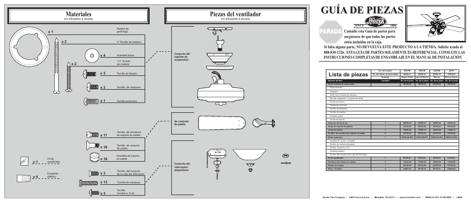 Guía de piezas, Materiales, Piezas del ventilador | Parada, Lista de piezas | Hunter Fan 28076B User Manual | Page 2 / 2