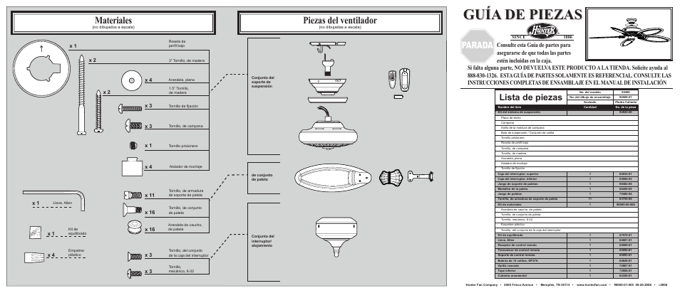 Guía de piezas, Materiales, Piezas del ventilador | Parada, Lista de piezas | Hunter Fan 28486 User Manual | Page 2 / 2