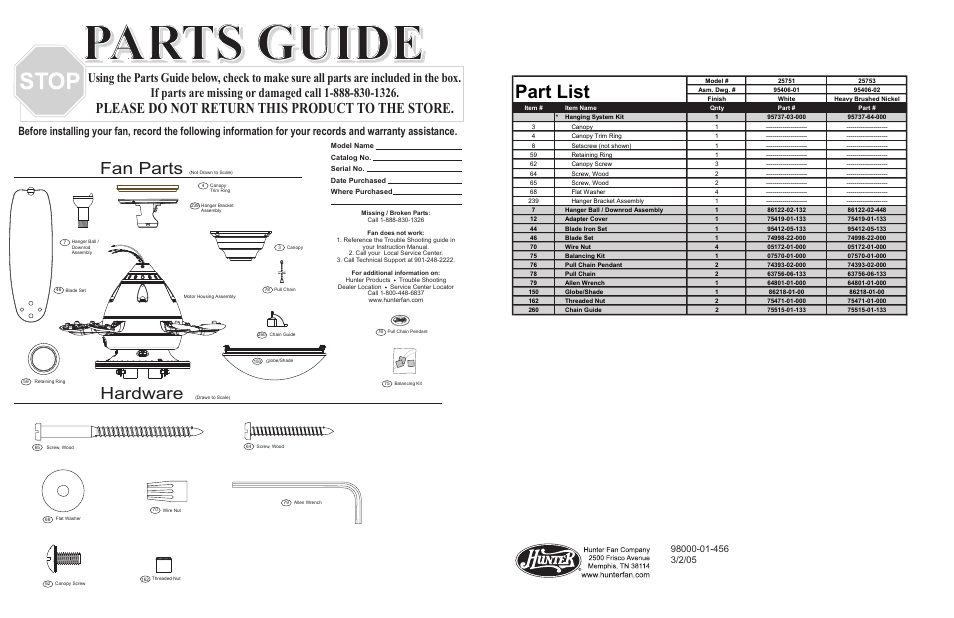 Parts guide, Part list, Fan parts | Hardware, Please do not return this product to the store | Hunter Fan 25753 User Manual | Page 2 / 4