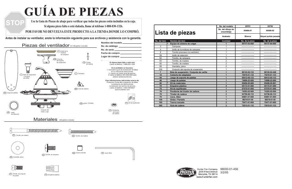 Gu guíía a de piezas de piezas guía de piezas, Lista de piezas, Materiales | Piezas del ventilador | Hunter Fan 25753 User Manual | Page 3 / 4