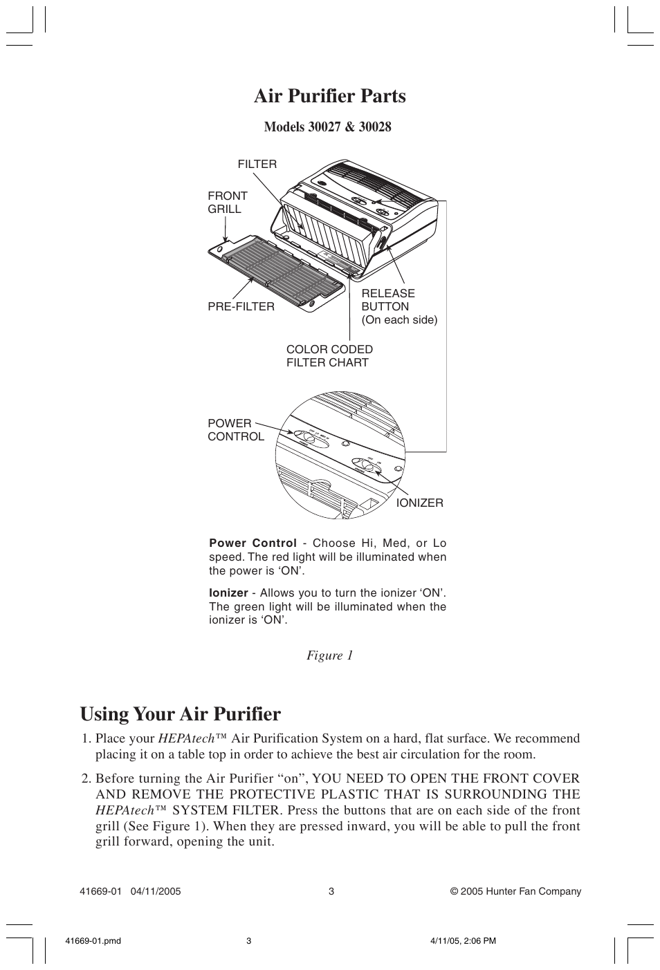 Using your air purifier, Air purifier parts | Hunter Fan 30028 User Manual | Page 3 / 6