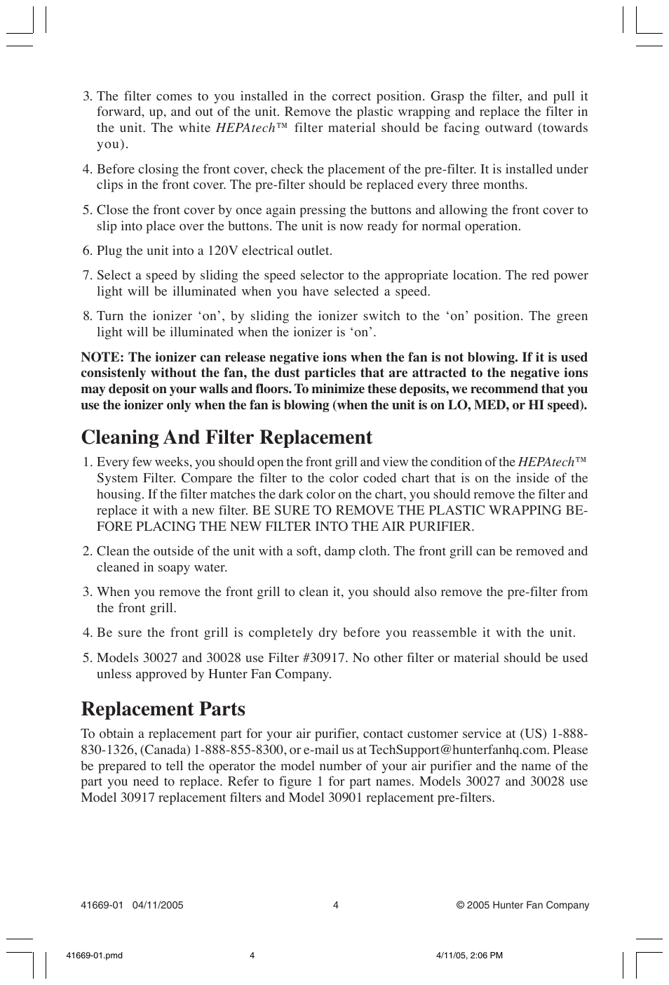 Cleaning and filter replacement, Replacement parts | Hunter Fan 30028 User Manual | Page 4 / 6