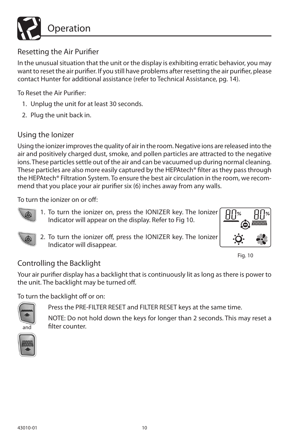 Operation, Resetting the air purifier, Using the ionizer | Controlling the backlight | Hunter Fan 30721A User Manual | Page 10 / 18