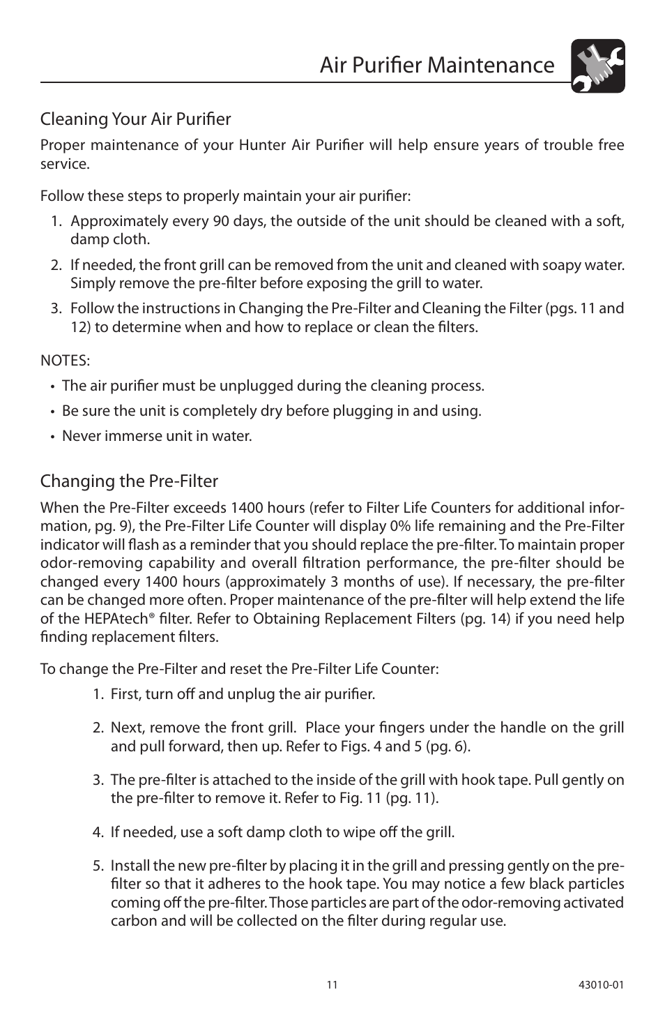 Air purifier maintenance, Cleaning your air purifier, Changing the pre-filter | Hunter Fan 30721A User Manual | Page 11 / 18