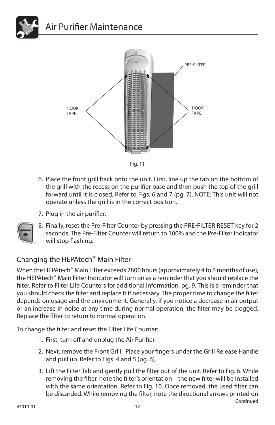 Air purifier maintenance, Changing the hepatech, Main filter | Hunter Fan 30721A User Manual | Page 12 / 18