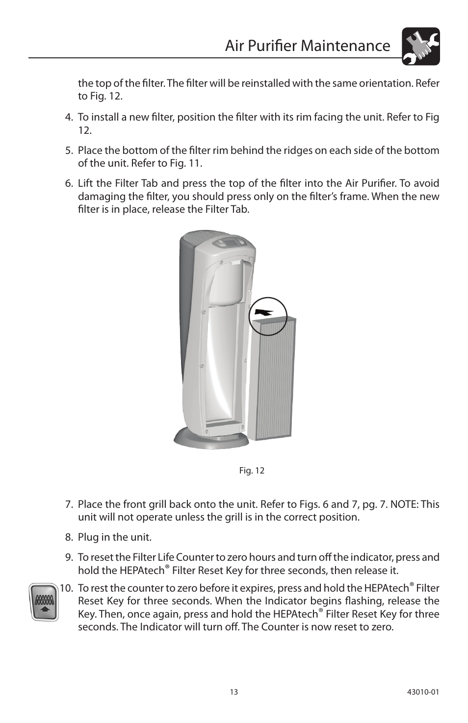 Air purifier maintenance | Hunter Fan 30721A User Manual | Page 13 / 18