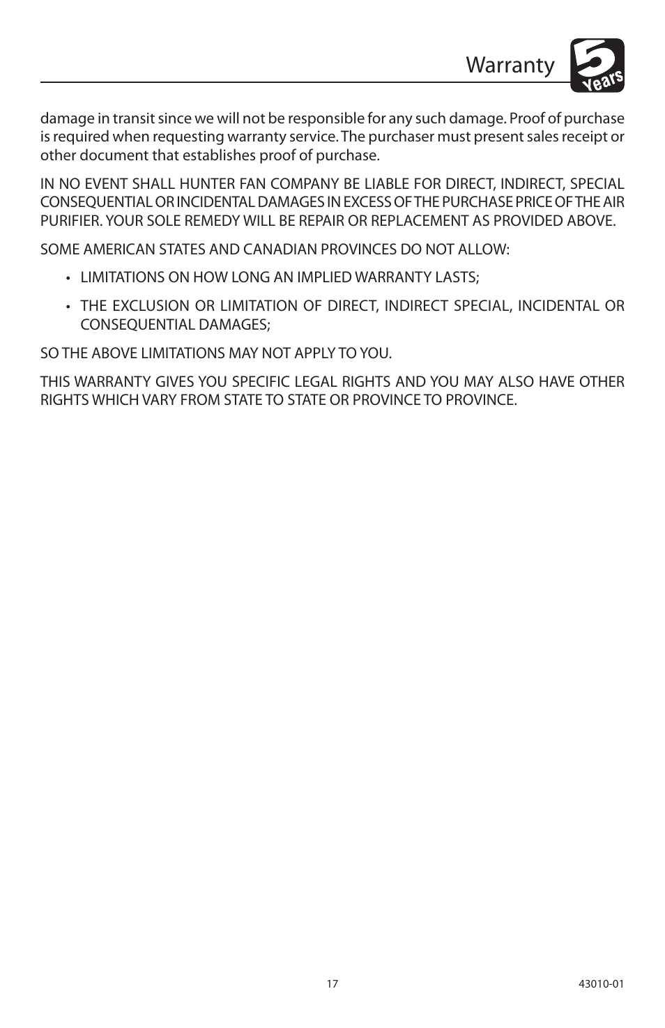 Warranty | Hunter Fan 30721A User Manual | Page 17 / 18