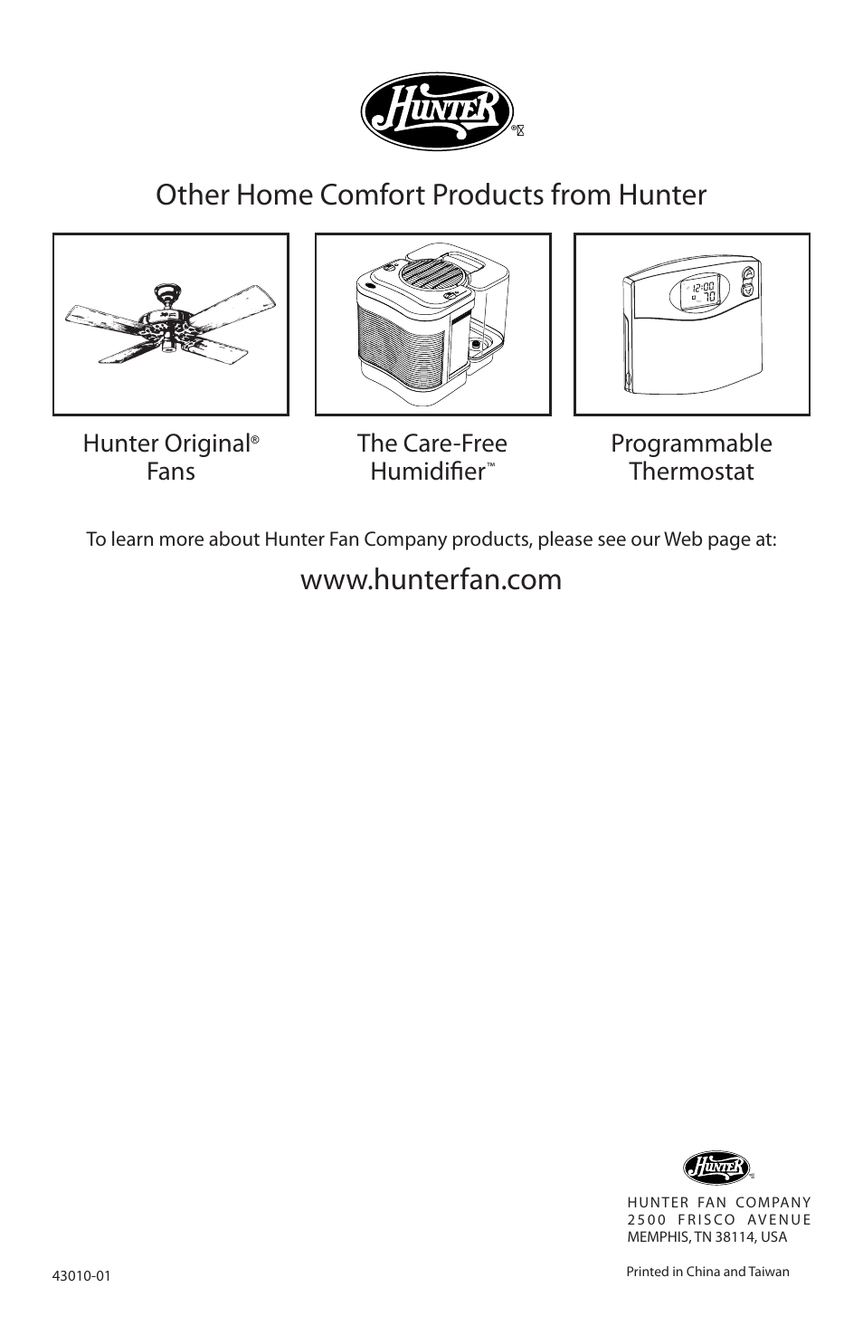 The care-free humidifier, Programmable thermostat, Hunter original | Fans | Hunter Fan 30721A User Manual | Page 18 / 18