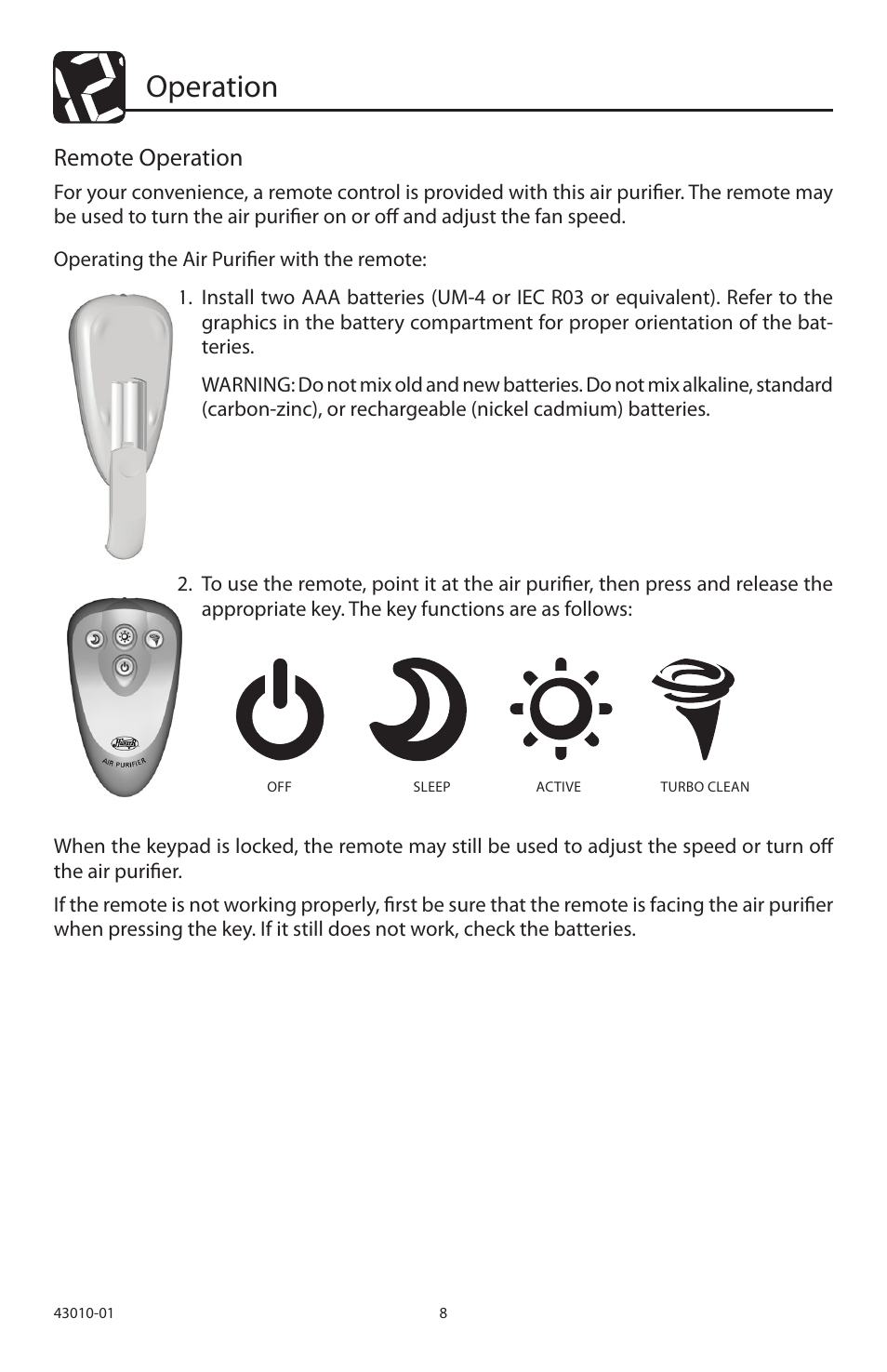 Operation, Remote operation | Hunter Fan 30721A User Manual | Page 8 / 18